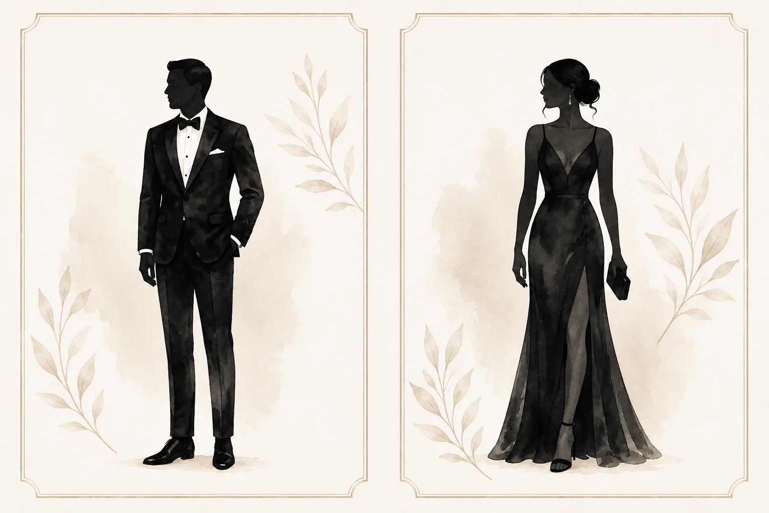 Ilustración de traje oscuro y vestido largo como referencia de vestimenta formal